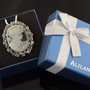 Alilang Gunmetal Tone Grey Crystal Rhinestones Cameo Lady Victorian Maiden Pendant Necklace