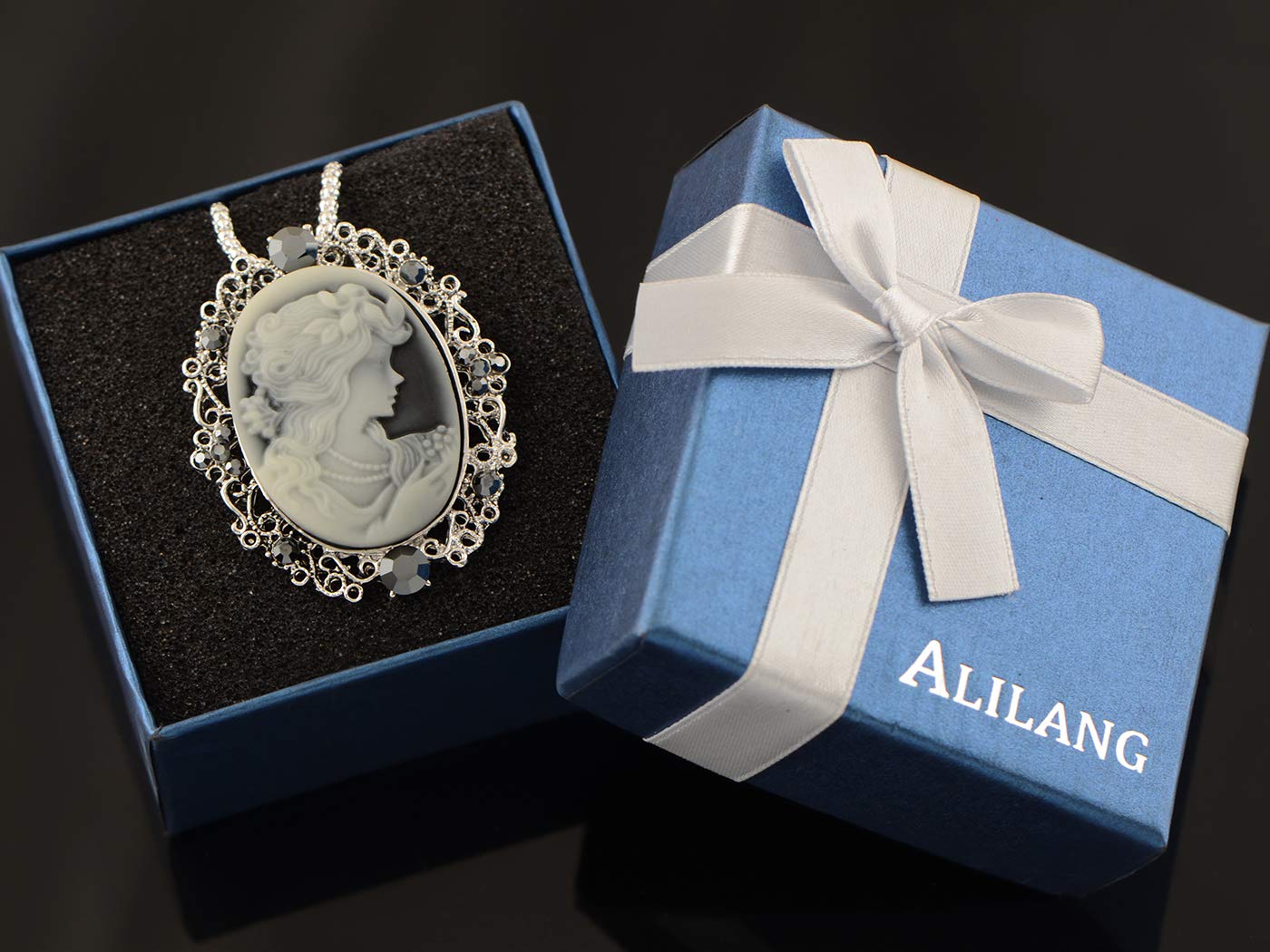 Alilang Gunmetal Tone Grey Crystal Rhinestones Cameo Lady Victorian Maiden Pendant Necklace