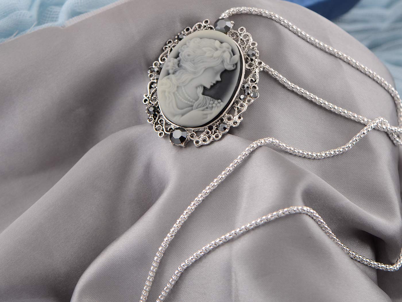 Alilang Gunmetal Tone Grey Crystal Rhinestones Cameo Lady Victorian Maiden Pendant Necklace