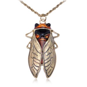 Alilang Big Antique Golden Tone Orange Amber Vintage Insect Cicada Beetle Bug Chain Pendant Necklace