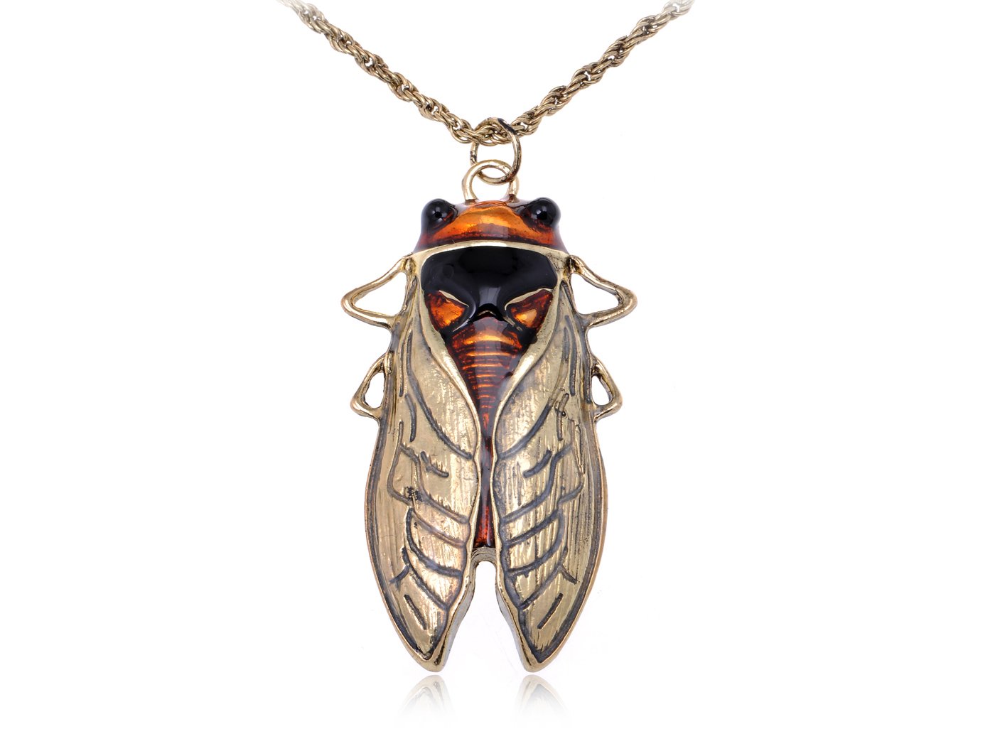 Alilang Big Antique Golden Tone Orange Amber Vintage Insect Cicada Beetle Bug Chain Pendant Necklace