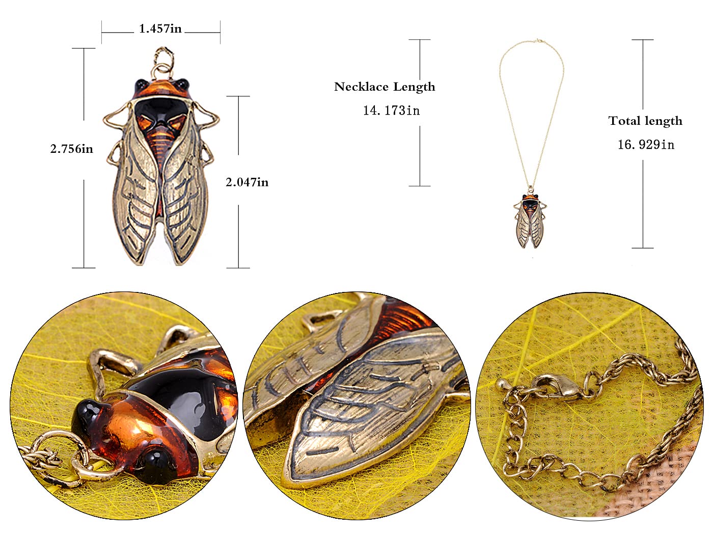 Alilang Big Antique Golden Tone Orange Amber Vintage Insect Cicada Beetle Bug Chain Pendant Necklace