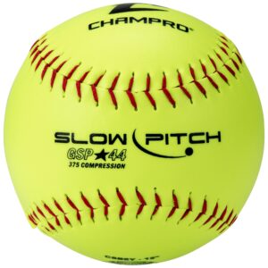 champro game asa slow ptich .44 cor, 375 compression, poly synthetic cover, red stiches (optic yellow, 12-inch), pack of 12