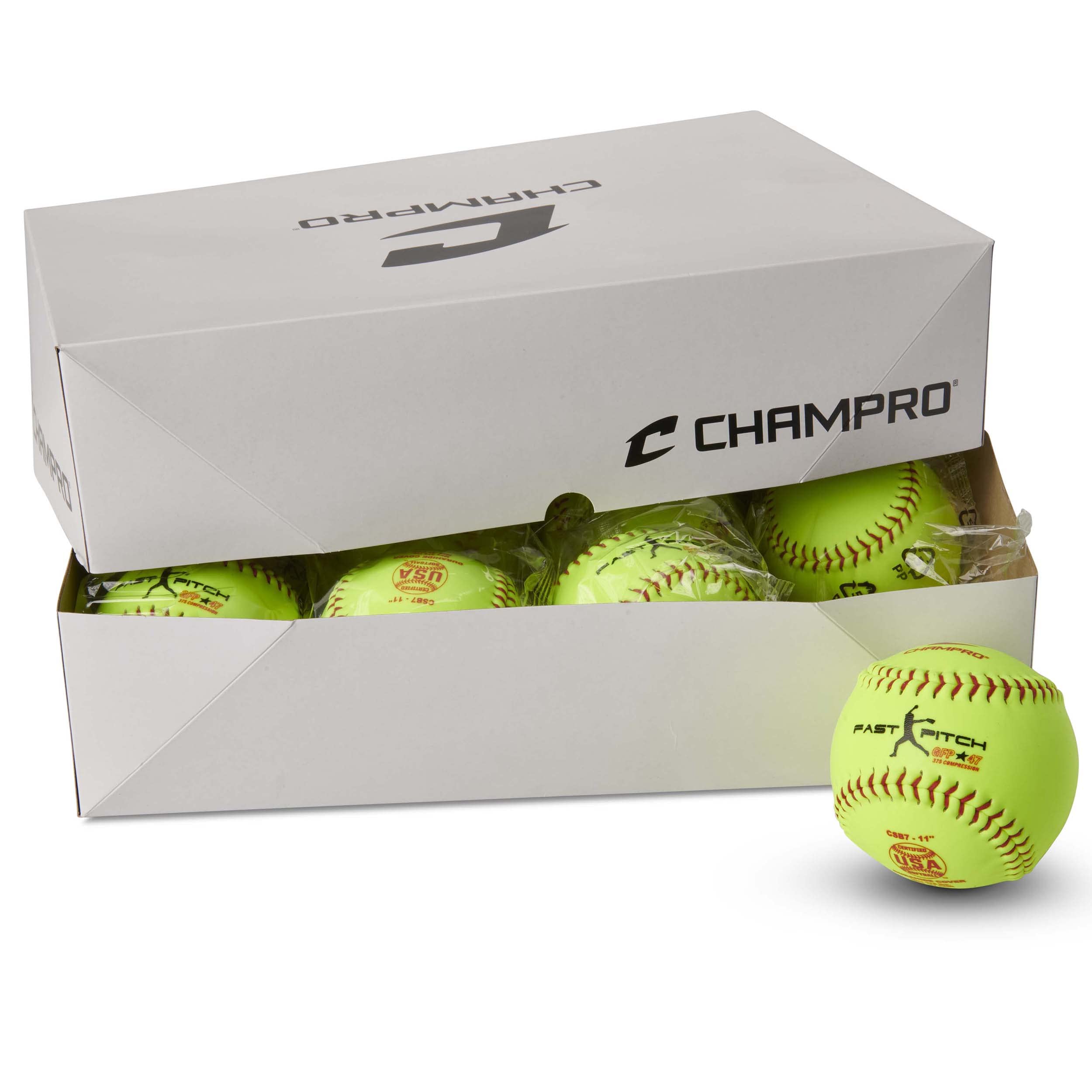 Champro Game ASA Fast Pitch .47 COR, 375 Compression, Poly Synthetic Cover, Red Stiches (Optic Yellow, 11-Inch), PACK OF 12