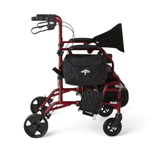 Medline Red Combination Rollator and Transport Chair, Desk-Length Arms, Swing Away Footrests, Red Frame