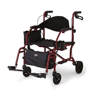 medline red combination rollator and transport chair, desk-length arms, swing away footrests, red frame