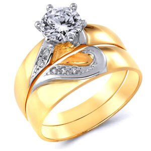 14k two tone gold solid engagement ring and wedding band 2 piece set - size 7