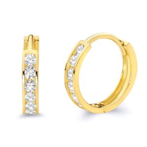 14k REAL Yellow Gold 2mm Thickness CZ Channel Set Hoop Huggie Earrings (12 x 12 mm)