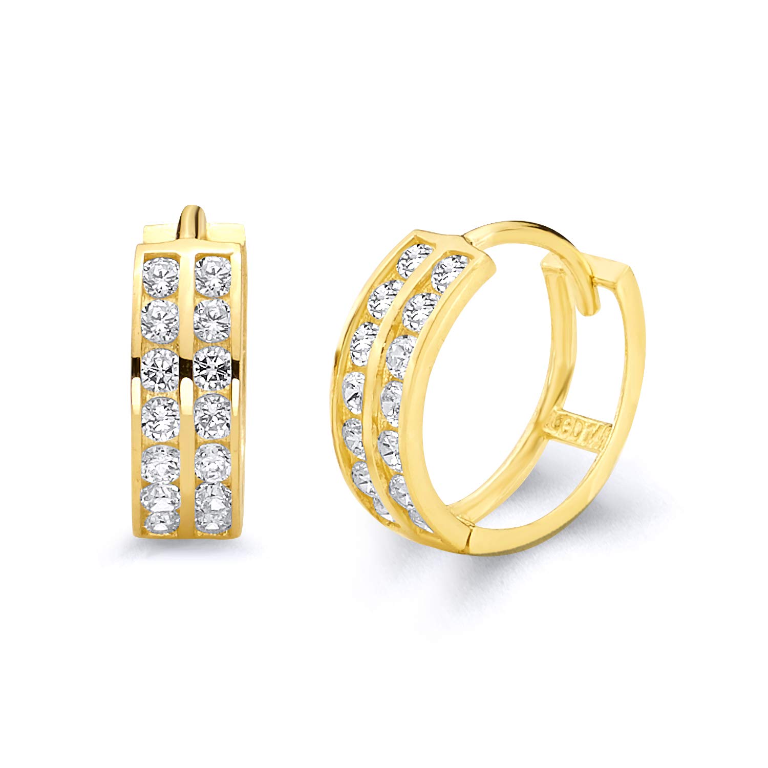 14k REAL Yellow Gold 5mm Thickness CZ Channel Set Hoop Huggie Earrings (15 x 15 mm)