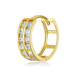 14k REAL Yellow Gold 5mm Thickness CZ Channel Set Hoop Huggie Earrings (15 x 15 mm)