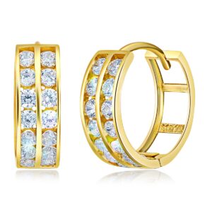 14k REAL Yellow Gold 5mm Thickness CZ Channel Set Hoop Huggie Earrings (15 x 15 mm)