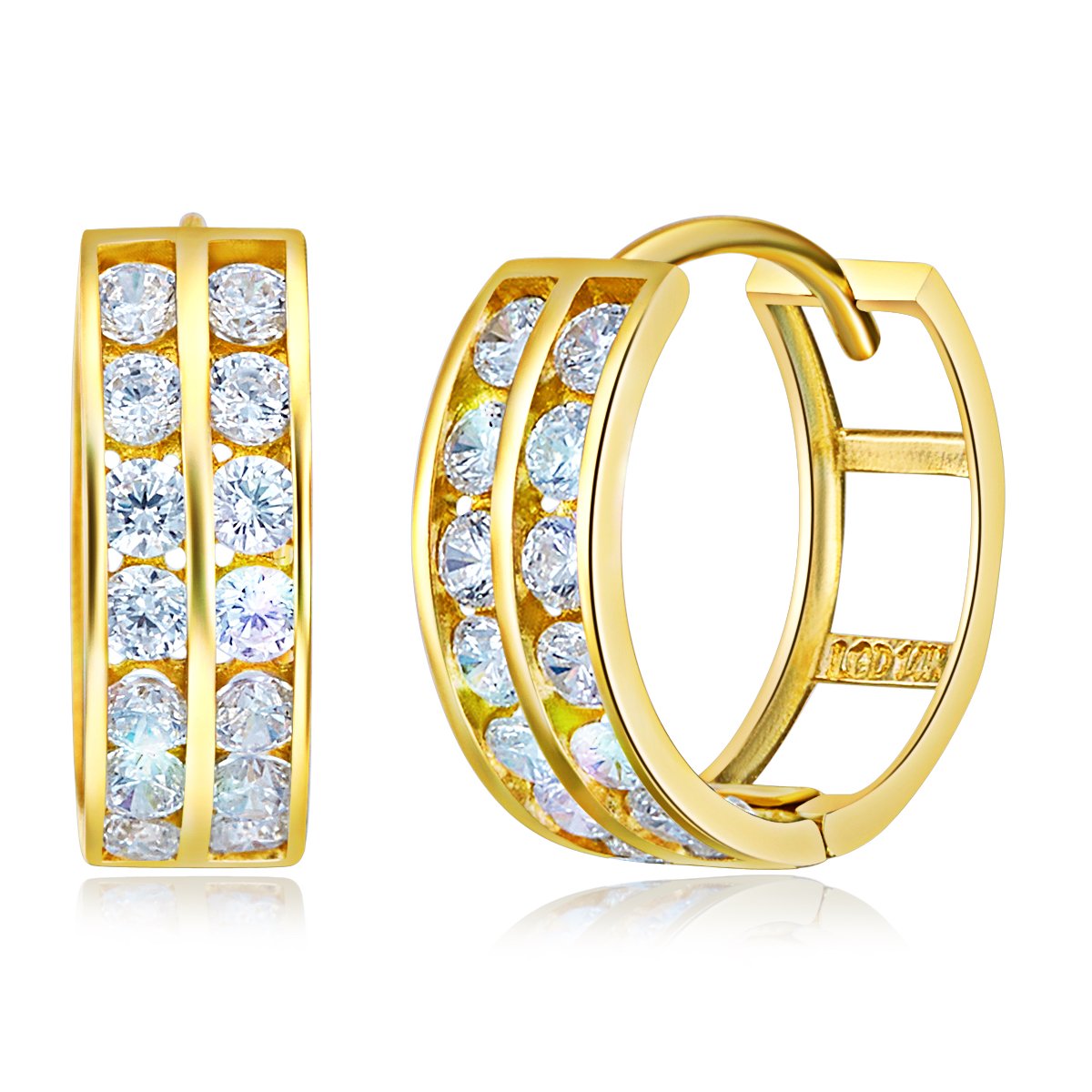 14k REAL Yellow Gold 5mm Thickness CZ Channel Set Hoop Huggie Earrings (15 x 15 mm)