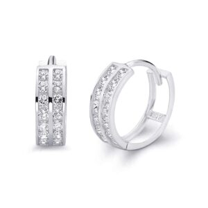 14k real white gold 5mm thickness cz channel set hoop huggie earrings (15 x 15 mm)