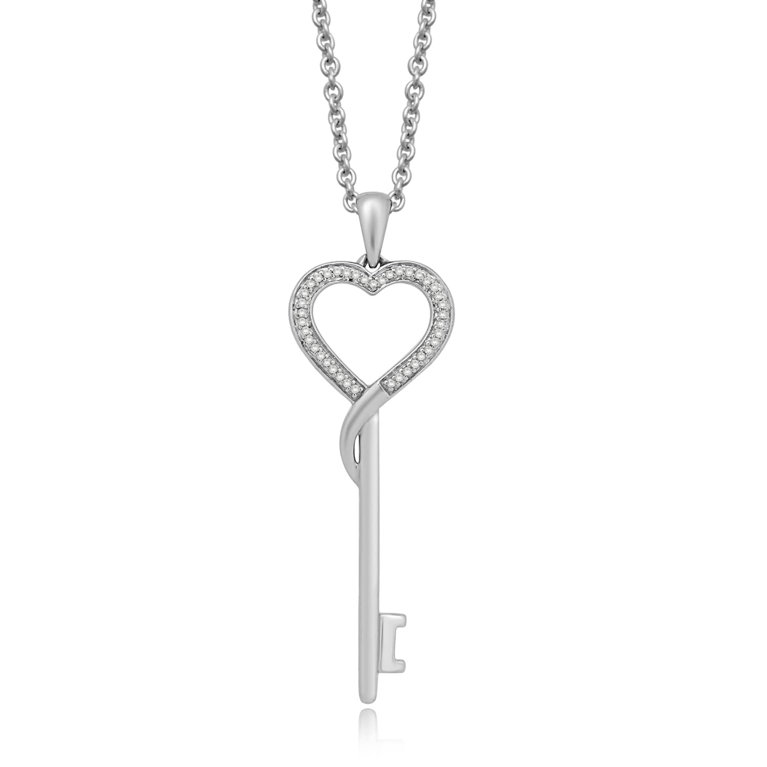 Jewelili Heart Key Necklace Pendant in Sterling Silver with Natural White Diamonds 1/10 CTTW and 18 inch Rolo Chain