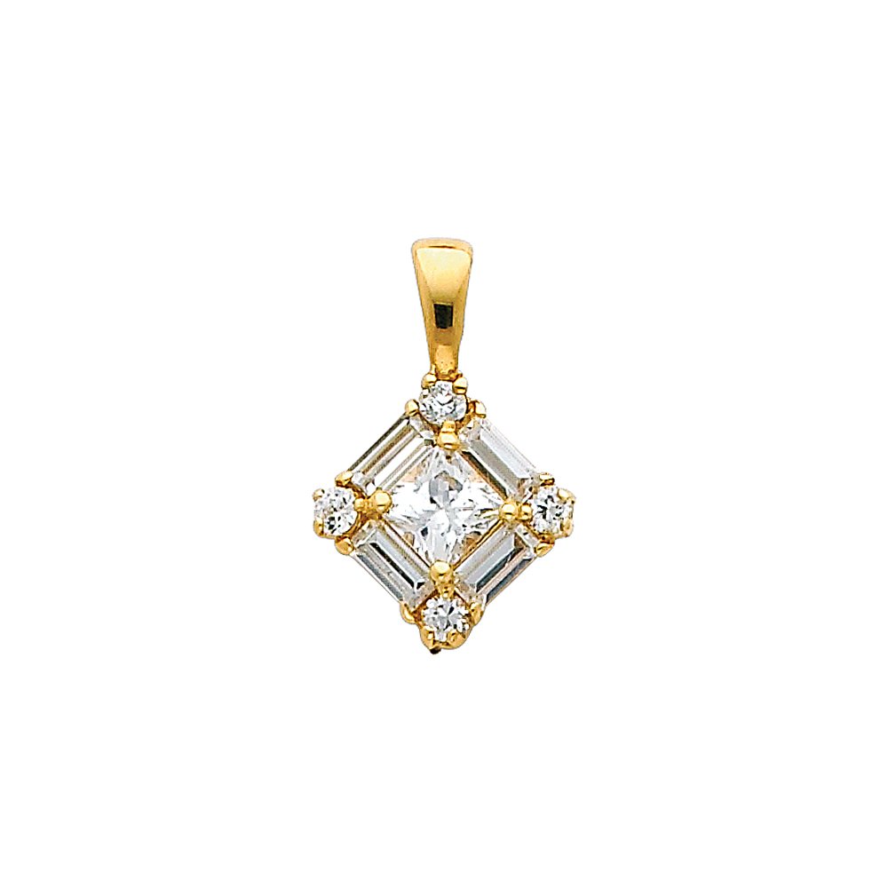 14k REAL Yellow Gold CZ Cluster Square Charm Pendant