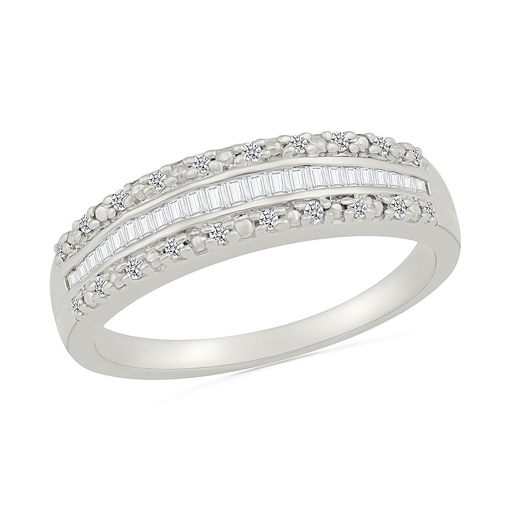 10KT White Gold Baguette and Round Diamond Anniversary Ring (1/4 cttw) ,size8