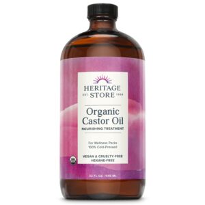 heritage store organic castor oil, nourishing hair treatment, deep hydration for healthy hair/skin care, eyelashes & brows, castor oil packs, cold pressed, hexane free, vegan, cruelty free 32oz