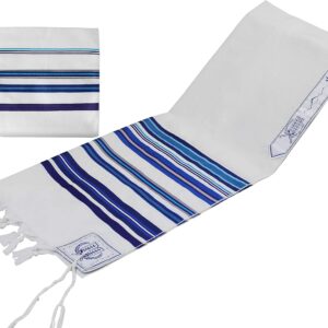 Zion Judaica Bnei Ohr Wool Tallit Prayer Shawl with Matching Bag Multi Blue/Purple Tone Stripes- Certified Kosher - Israel Import (18" x 72")