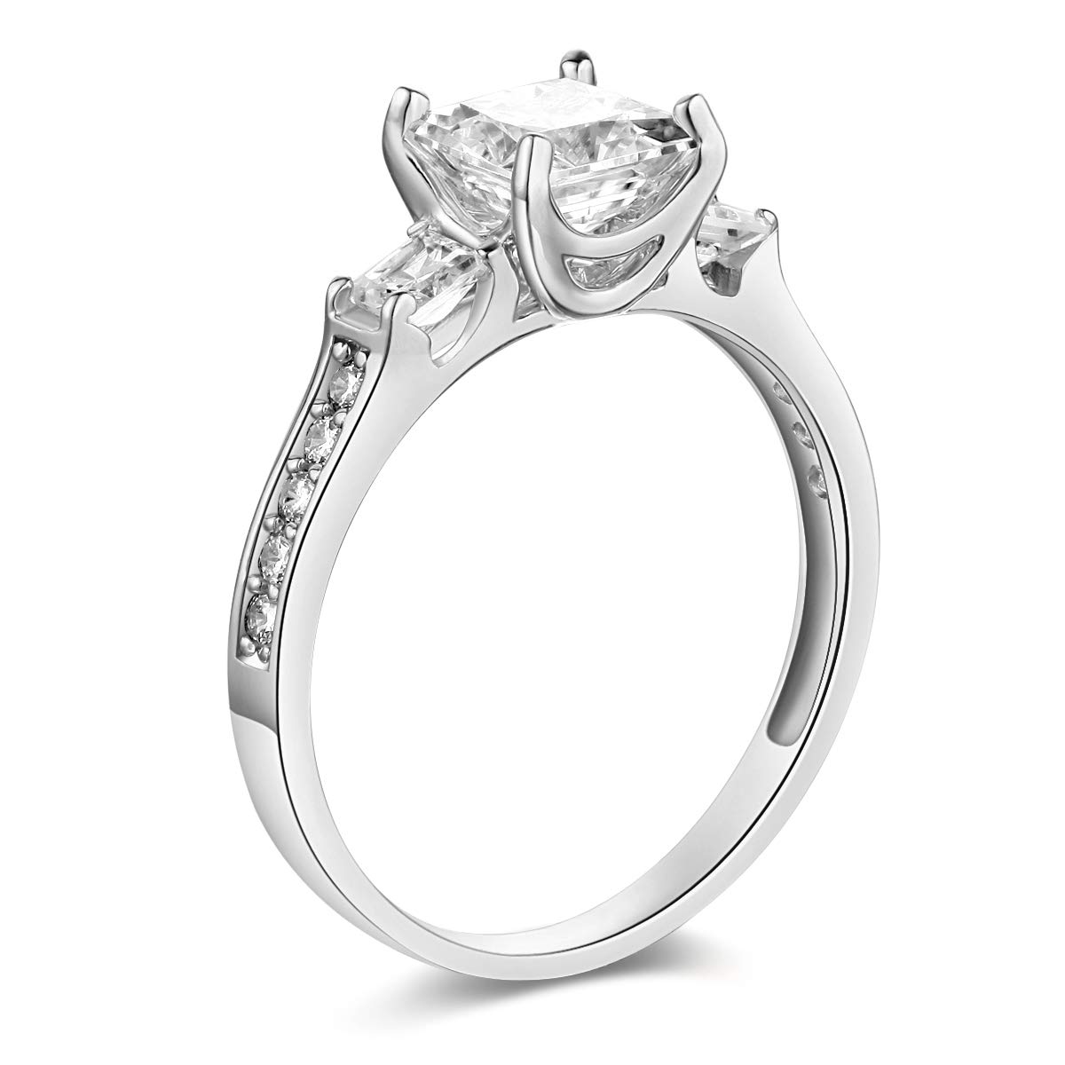 TWJC Wedding Collection 14k Solid White Gold 1.75 Ct. 3 Stone Princess Cut Engagement Ring Band - Size 7