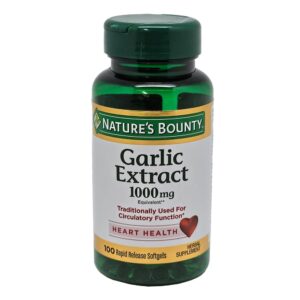 nature's bounty garlic extract 1000 mg, promotes heart health and cholesterol support100 rapid release softgels, contains soybean oil, gelatin, vegetable glycerin.