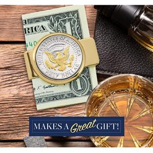 American Coin Treasures Coin Money Clip - Presidential Seal JFK Half Dollar Selectively Layered in Pure 24k Gold, Brass Moneyclip, Holds Currency, Credit Cards, Cash, U.S. Coin