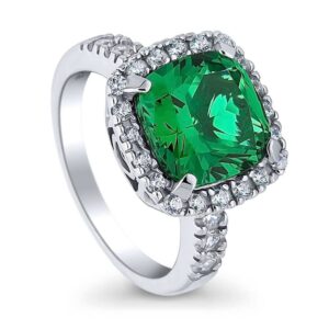 berricle sterling silver halo green cushion cut cubic zirconia cz statement cocktail fashion ring for women, rhodium plated size 7