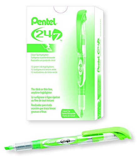 Pentel 24/7 Chisel Tip Liquid Highlighter, Light Green Ink, Box of 12 (SL12-K)