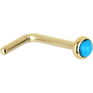 body candy solid 14k yellow gold 2mm turquoise l shaped nose stud ring 18 gauge 1/4"