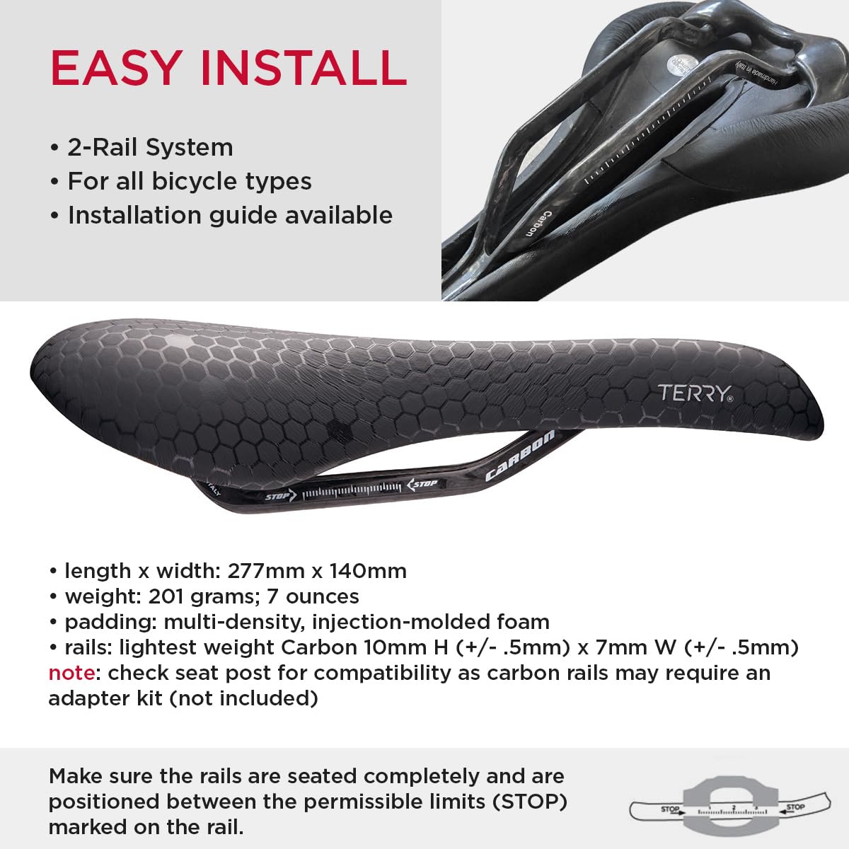 Terry Fly Carbon Mountain Bicycle Saddle - Bicycle Seat for Men - Flexible & Comfortable - Lightweight, Low Profile, Flat Top - Black Leather