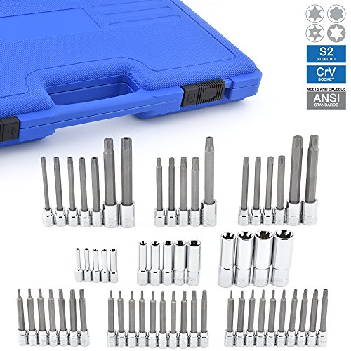 NEIKO 10287A Extra Long Socket Bits and Deep Socket Set | 60 Piece | S2 Tamperproof Torx Plus Bits and Cr-V Steel E-Torx Sockets