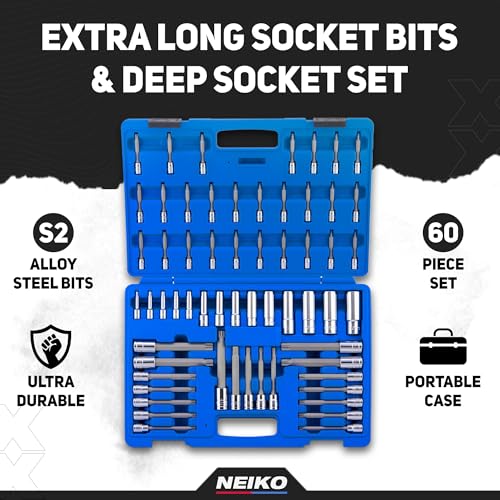 NEIKO 10287A Extra Long Socket Bits and Deep Socket Set | 60 Piece | S2 Tamperproof Torx Plus Bits and Cr-V Steel E-Torx Sockets