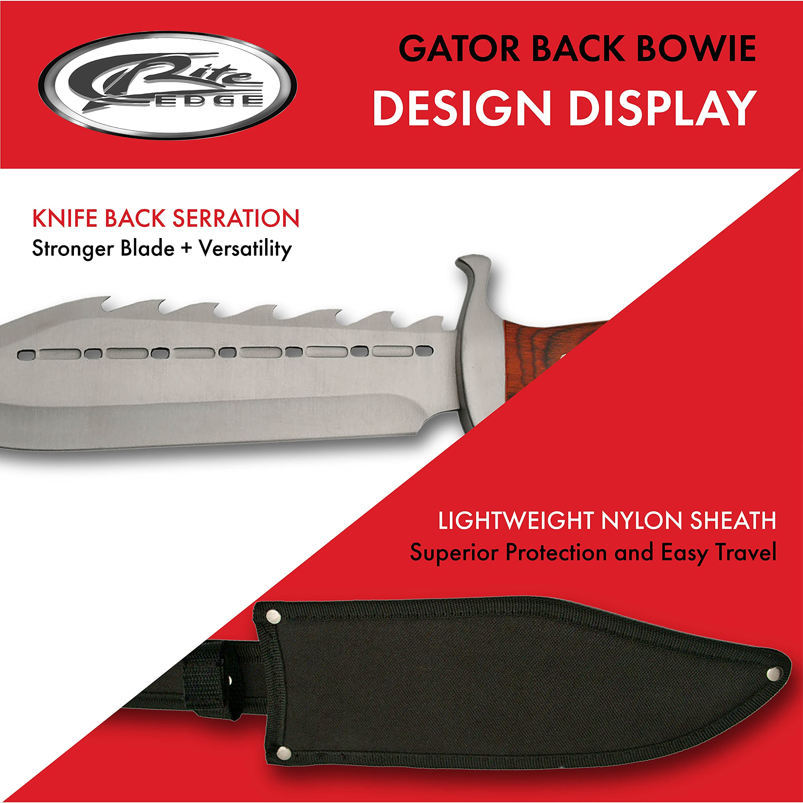 SZCO Supplies 15" Gator Back Bowie Knife Stainless Steel Wood Handle with Sheath, Brown (211398)