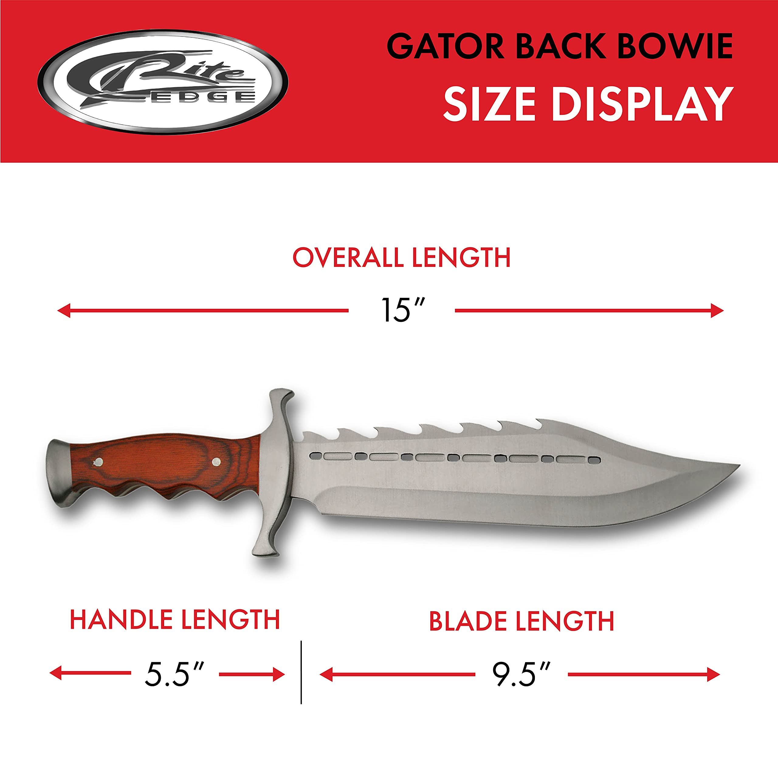 SZCO Supplies 15" Gator Back Bowie Knife Stainless Steel Wood Handle with Sheath, Brown (211398)