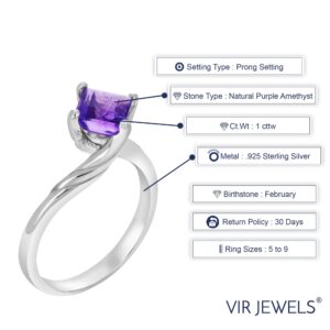 VIR JEWELS 1 cttw Purple Amethyst Ring .925 Sterling Silver with Rhodium Princess 6 MM Size 8