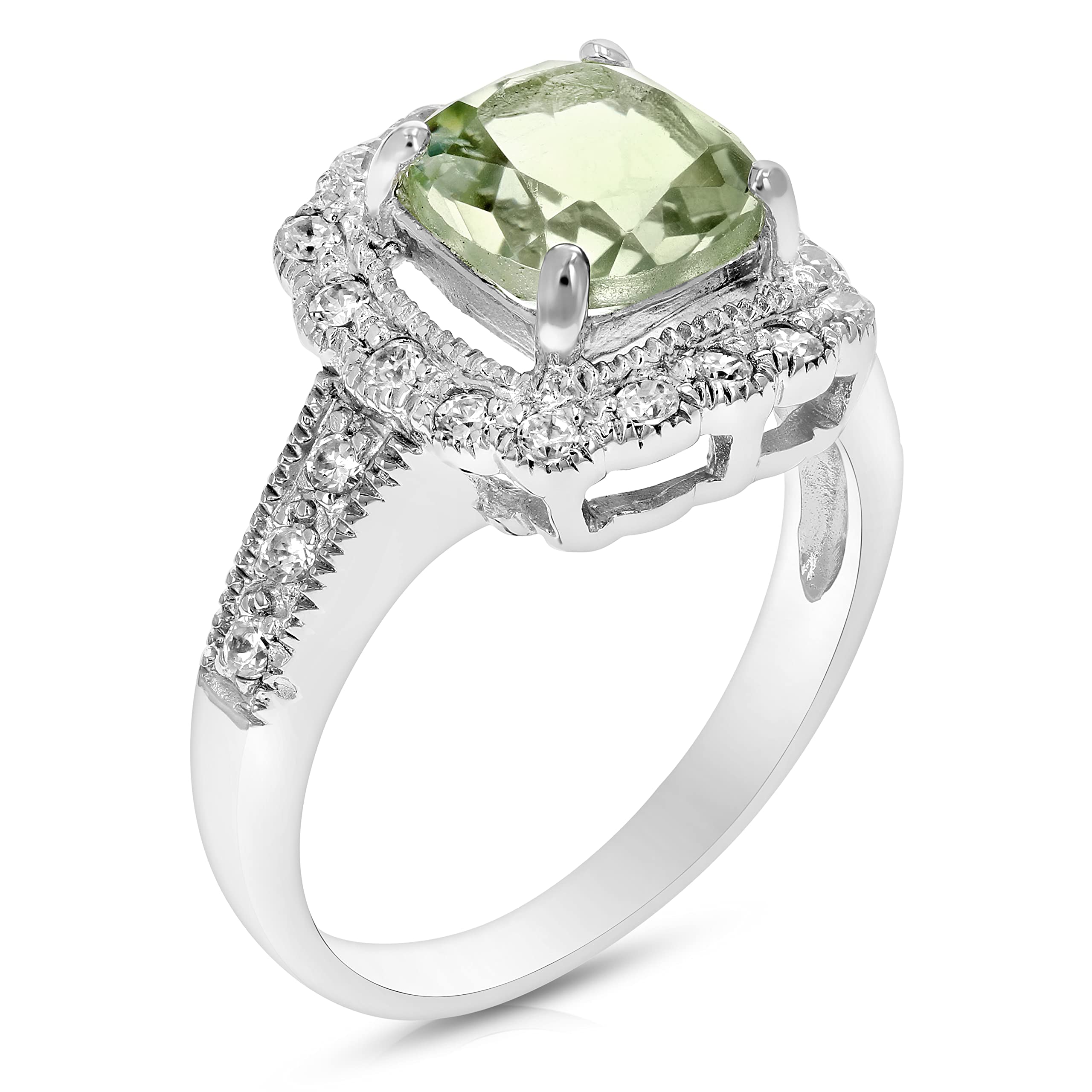 VIR JEWELS 1 cttw 7MM Green Amethyst Ring .925 Sterling Silver with Rhodium Cushion Cut Size 8