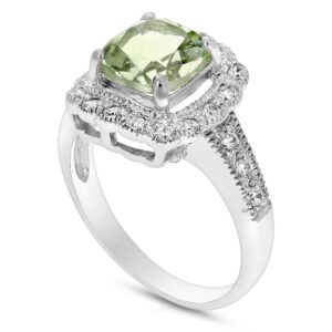 VIR JEWELS 1 cttw 7MM Green Amethyst Ring .925 Sterling Silver with Rhodium Cushion Cut Size 8