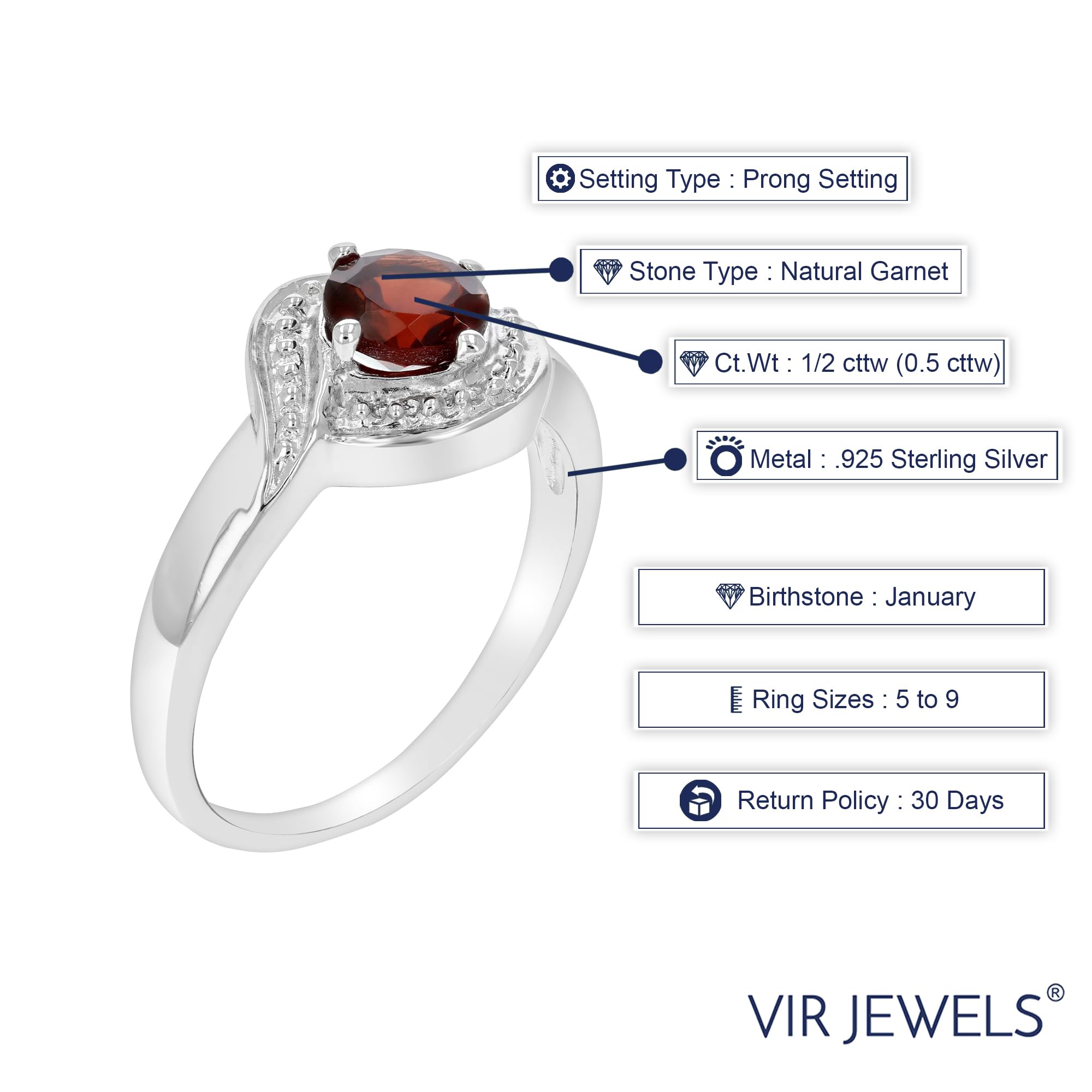 VIR JEWELS 1/2 cttw Garnet Ring .925 Sterling Silver with Rhodium Plating Round Shape 5 MM Size 7