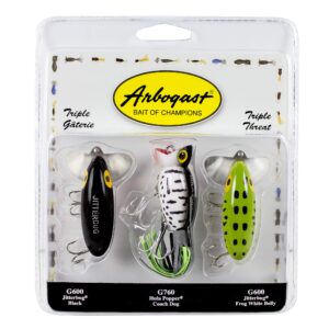 arbogast triple threat fishing lure, includes 2 jitterbug lures and 1 hula popper lure, freshwater fishing lures and accessories