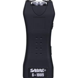 SABRE Stun Gun with Flashlight and Belt Holster, Emits 1.60 Powerful Pain Inducing Microcoulombs (µC) Charge, 120 Lumen LED Flashlight, Rubberized Grip, Compact Design, Rechargeable