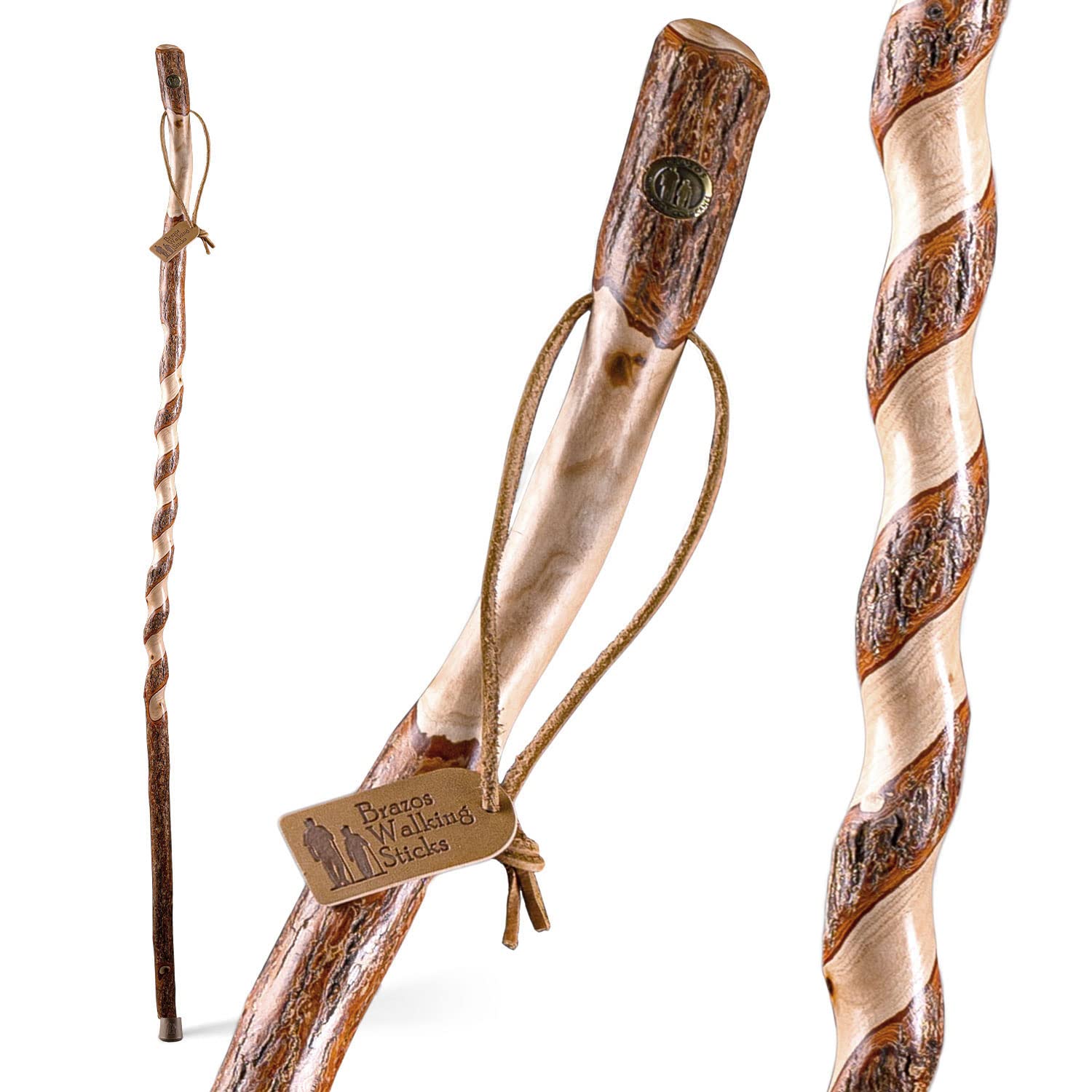 Brazos Rustic Wood Walking Stick, Twisted Sassafras, Traditional Style Handle, for Men & Women, Made in The USA, 55"