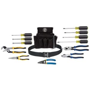 Klein Tools 92914 Tool Kit, Tool Set Includes Basic Tools, Pouch and Belt for Journeyman, Linesman, Professionals and Homeowners, 14-Piece