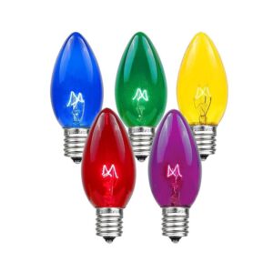 novelty lights incandescent replacement bulbs - outdoor individual bulbs for events, holiday parties, patios, and more - c7/e12 candelabra base, 5 watt lights (multicolor, 25 pack)