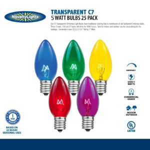 Novelty Lights Incandescent Replacement Bulbs - Outdoor Individual Bulbs For Events, Holiday Parties, Patios, And More - C7/E12 Candelabra Base, 5 Watt Lights (Multicolor, 25 Pack)