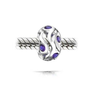 Bling Jewelry Purple Wave Simulated Amethyst CZ Charm Bead For Women .925 Sterling Silver For European Bracelet February Birth Month