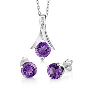 Gem Stone King 925 Sterling Silver Round Cut Purple Amethyst Earrings Pendant Set For Women (2.25 Carat, Gemstone Birthstone, with 18 Inch Silver Chain)