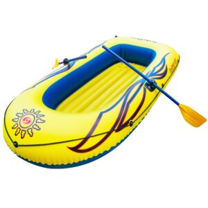 solstice inflatable boat rafts 3 person for adults & kids comes w/ oars paddles-pump pole oar holders cushioned comfortable base grab line 8 ft size sunskiff kits dinghy air floor yellow