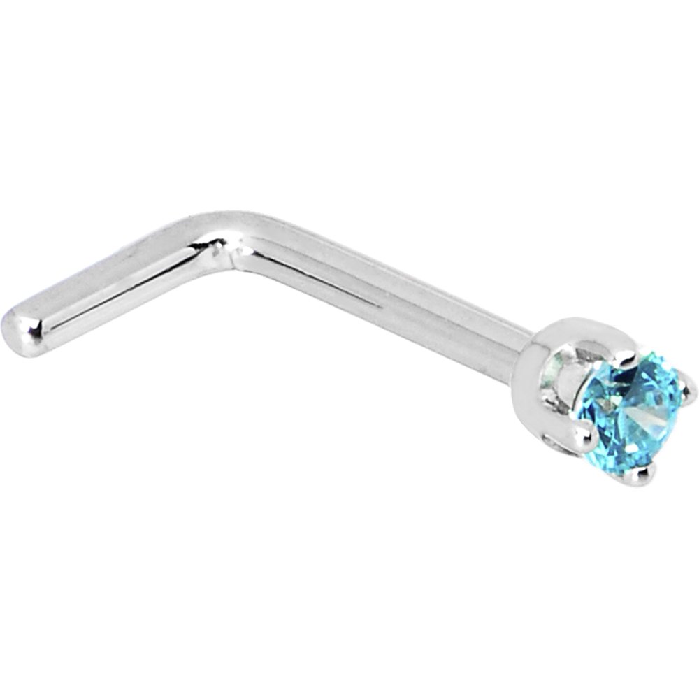 Body Candy Solid 14k White Gold 2mm Mint Green Cubic Zirconia L Shaped Nose Stud Ring 18 Gauge 1/4"