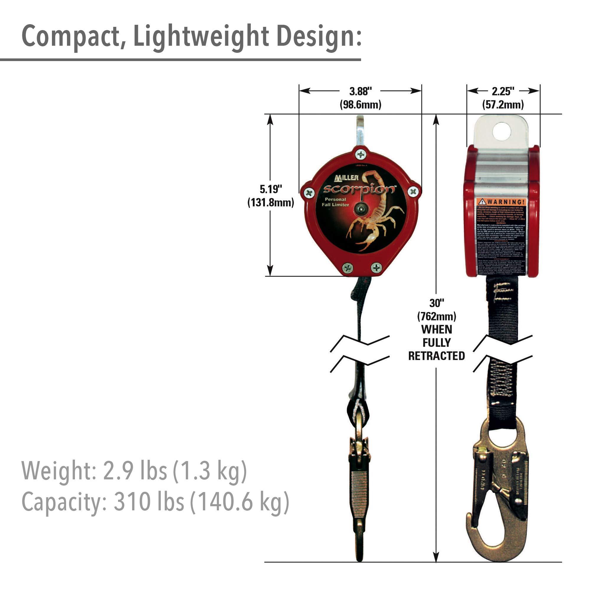 Miller Scorpion 9-Foot Personal Fall Limiter with Steel Locking Rebar Hook w/Swivel Shackle & Steel Locking Snap Hook, 310 lb. Capacity (PFL-6/9FT) , Red