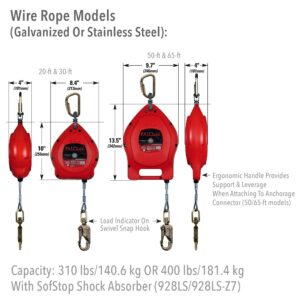 Honeywell Home Miller Falcon 30-Foot Self-Retracting Galvanized Wire Lifeline with Swivel/Carabiner & Swivel/Snap Hook (MP30G-Z7/30FT), Red