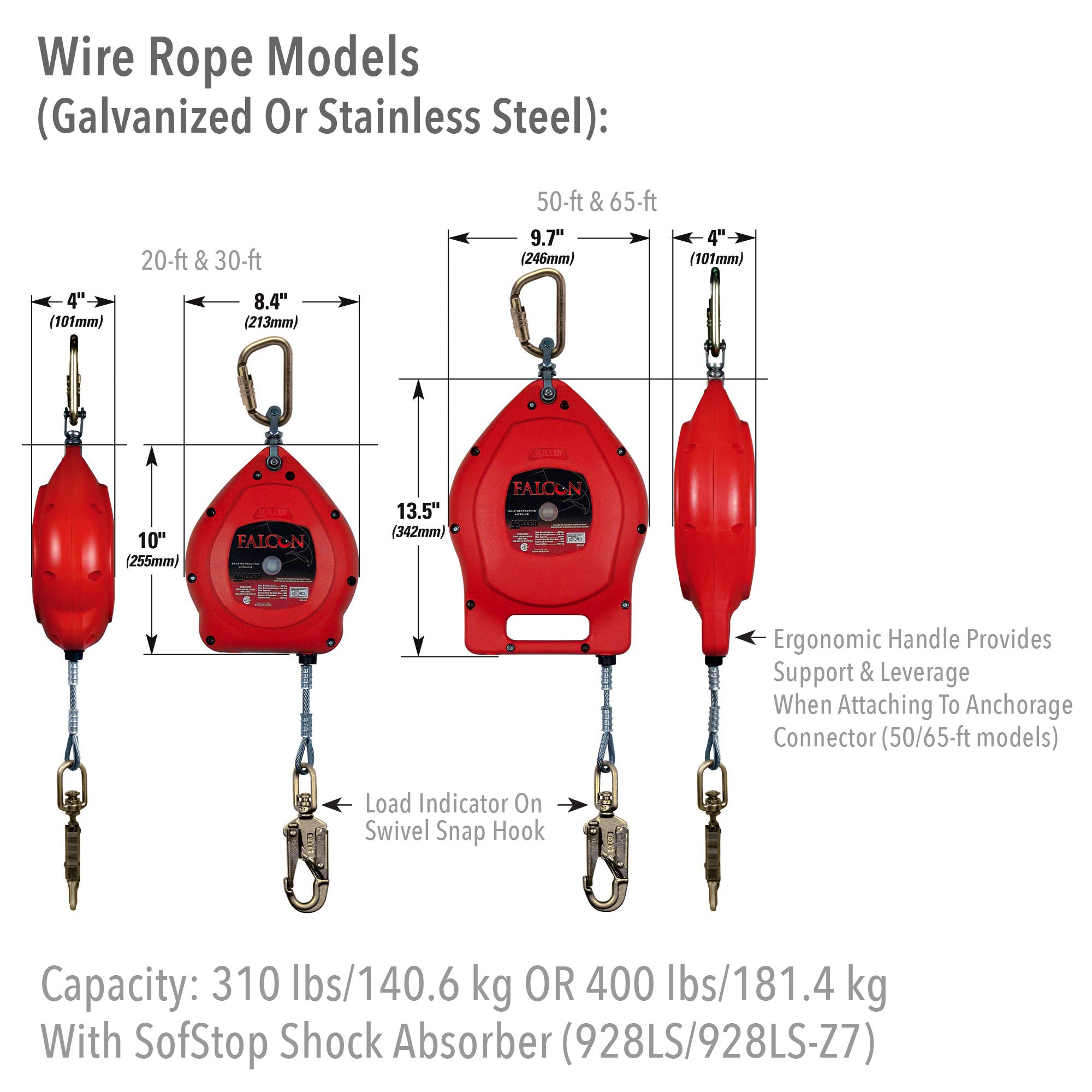 Honeywell Home Miller Falcon 30-Foot Self-Retracting Galvanized Wire Lifeline with Swivel/Carabiner & Swivel/Snap Hook (MP30G-Z7/30FT), Red